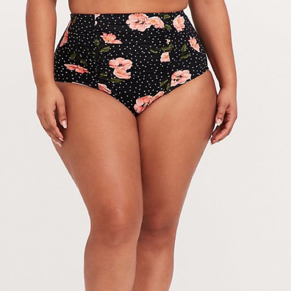 TORRID Black/Coral Floral Polka Dot Swim Bottoms